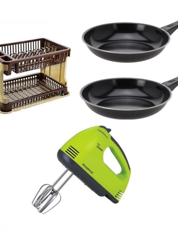 Tigai teflon, set de 2 piese + Suport de vase ratan + Mixer electric, 7 viteze, 4 palete!