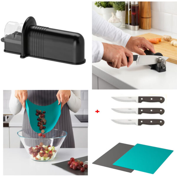 Ascutitor cutite, negru + Set 3 cutite inox + Set 2 Tocatoare flexibile, antiaderente, 28x36cm, gri/turqoise