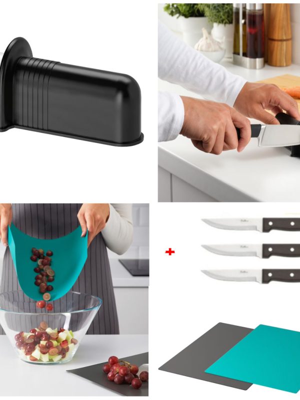 Ascutitor cutite, negru + Set 3 cutite inox + Set 2 Tocatoare flexibile, antiaderente, 28x36cm, gri/turqoise