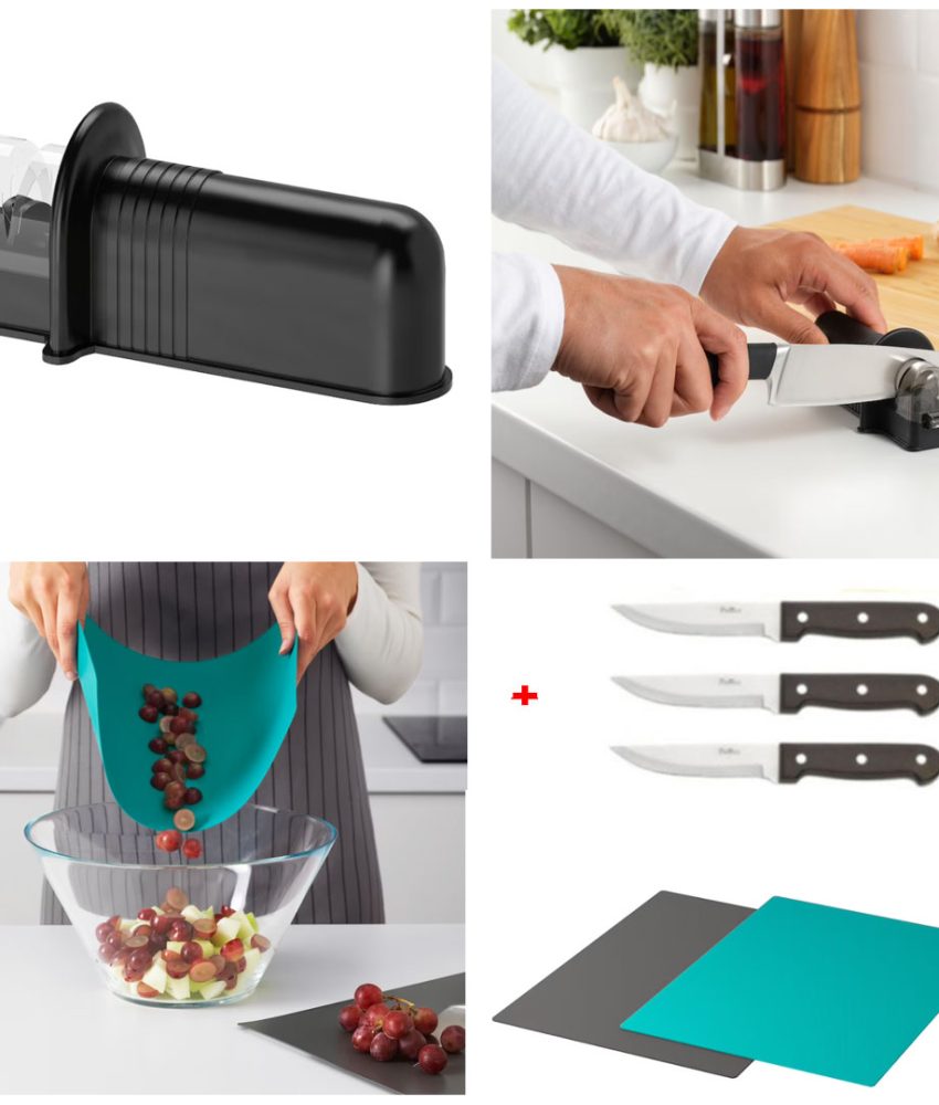 Ascutitor cutite, negru + Set 3 cutite inox + Set 2 Tocatoare flexibile, antiaderente, 28x36cm, gri/turqoise