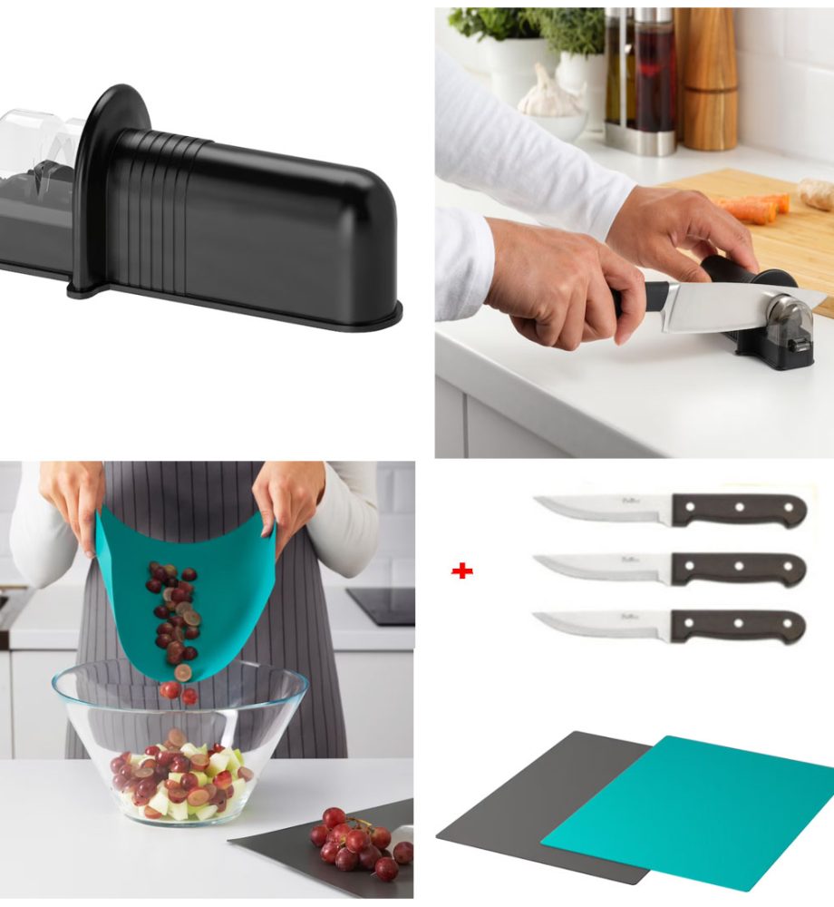 Ascutitor cutite, negru + Set 3 cutite inox + Set 2 Tocatoare flexibile, antiaderente, 28x36cm, gri/turqoise