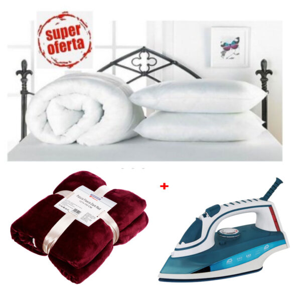 Pilota matlasata alba 180x210cm + 2 perne 50x70cm + Fier de calcat cu aburi + Cadou o Patura fleece