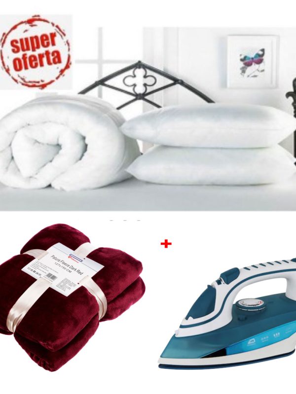 Pilota matlasata alba 180x210cm + 2 perne 50x70cm + Fier de calcat cu aburi + Cadou o Patura fleece
