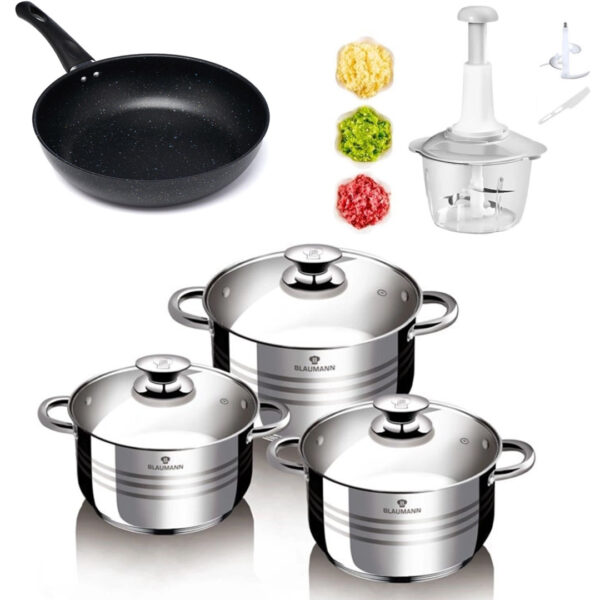 Oale cu Capace din otel inoxidabil, 3 straturi, 6 piese, Flexi Line Blaumann + Tigaie teflon Delis 20x4,7cm + Procesator alimente, capacitate 2l, lame inox!
