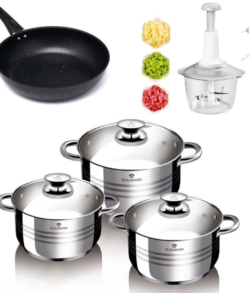 Oale cu Capace din otel inoxidabil, 3 straturi, 6 piese, Flexi Line Blaumann + Tigaie teflon Delis 20x4,7cm + Procesator alimente, capacitate 2l, lame inox!
