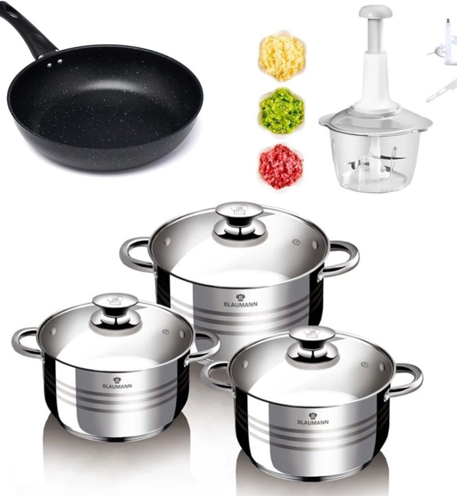 Oale cu Capace din otel inoxidabil, 3 straturi, 6 piese, Flexi Line Blaumann + Tigaie teflon Delis 20x4,7cm + Procesator alimente, capacitate 2l, lame inox!