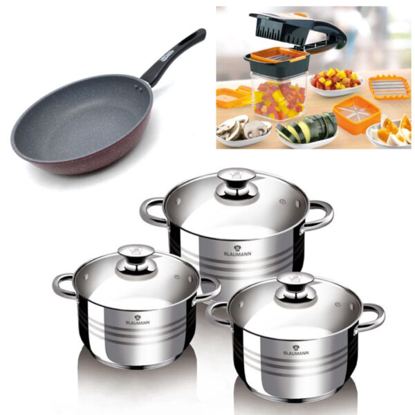 Oale cu capace, Blaumann Flexi Line, inox, 6 piese, 3 straturi + Razatoare Nicer Dicer Quick + Tigaie teflon Delis 20x4,7cm!