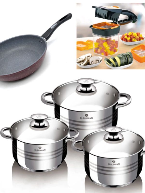 Oale cu capace, Blaumann Flexi Line, inox, 6 piese, 3 straturi + Razatoare Nicer Dicer Quick + Tigaie teflon Delis 20x4,7cm!