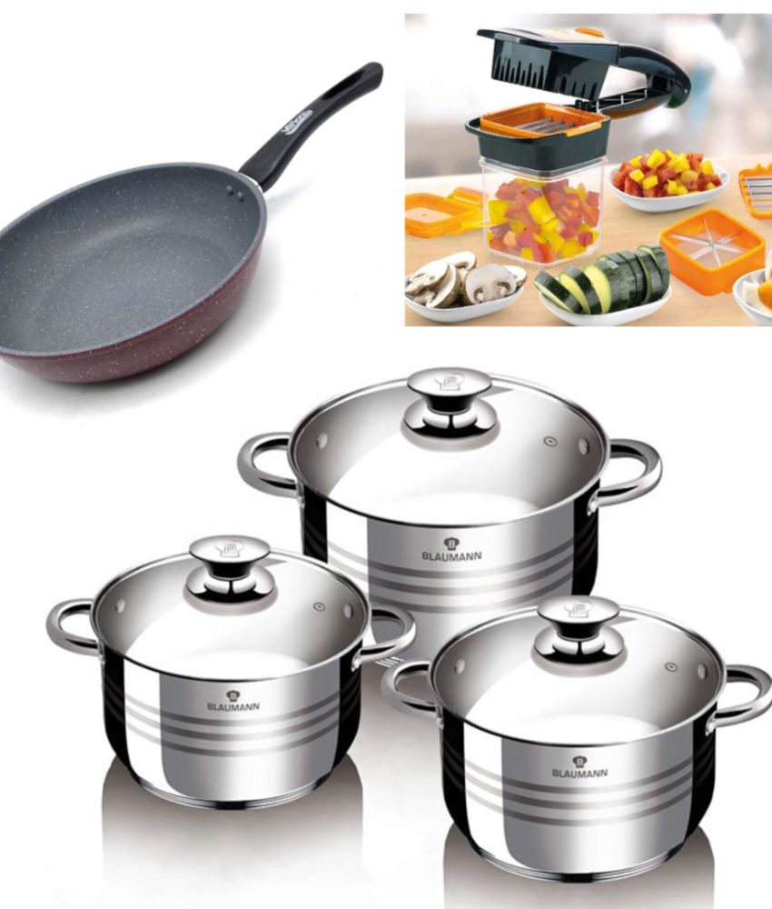 Oale cu capace, Blaumann Flexi Line, inox, 6 piese, 3 straturi + Razatoare Nicer Dicer Quick + Tigaie teflon Delis 20x4,7cm!