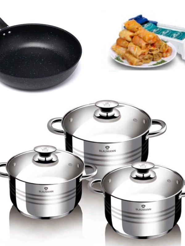 Oale cu capace, otel inoxidabil, 6 piese, Gourmet Flexi Line Blaumann + Tigaie Teflon 24x6,5cm + CADOU Aparat de facut sarmale, Dolmer