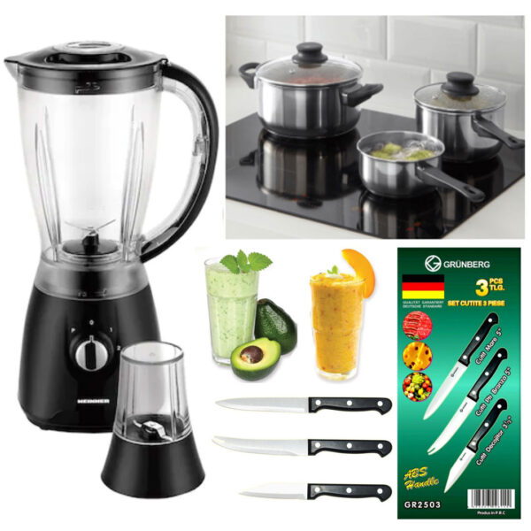 Blender 1.5l cu Rasnita Cafea, corp metalic + Set 5 Piese Oale inox, capace sticla + CADOU Set 3 cutite friptura