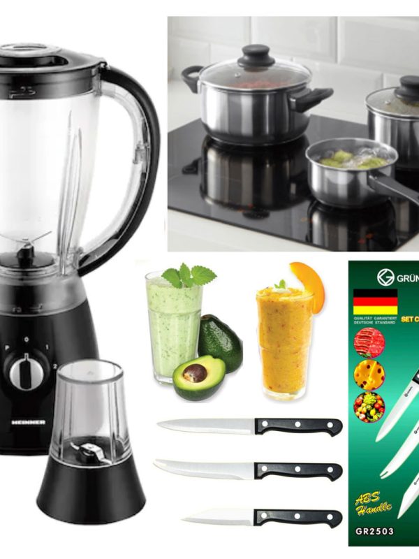 Blender 1.5l cu Rasnita Cafea, corp metalic + Set 5 Piese Oale inox, capace sticla + CADOU Set 3 cutite friptura