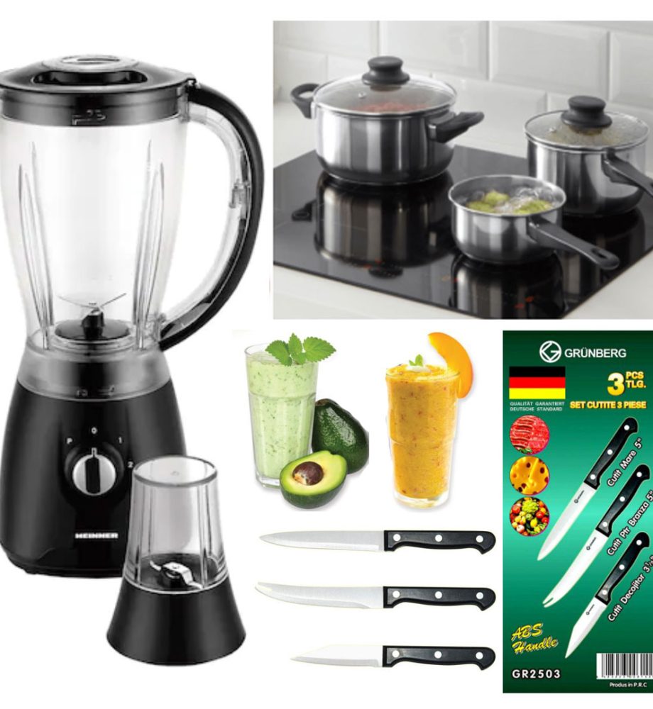 Blender 1.5l cu Rasnita Cafea, corp metalic + Set 5 Piese Oale inox, capace sticla + CADOU Set 3 cutite friptura