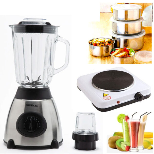 Blender de masa Heinner HBL-500R, 500W, 2 viteze+Pulse, Bol 1.5 L, Rasnita, Negru + Aragaz electric cu un ochi + Set 10 piese vase inox cu capace