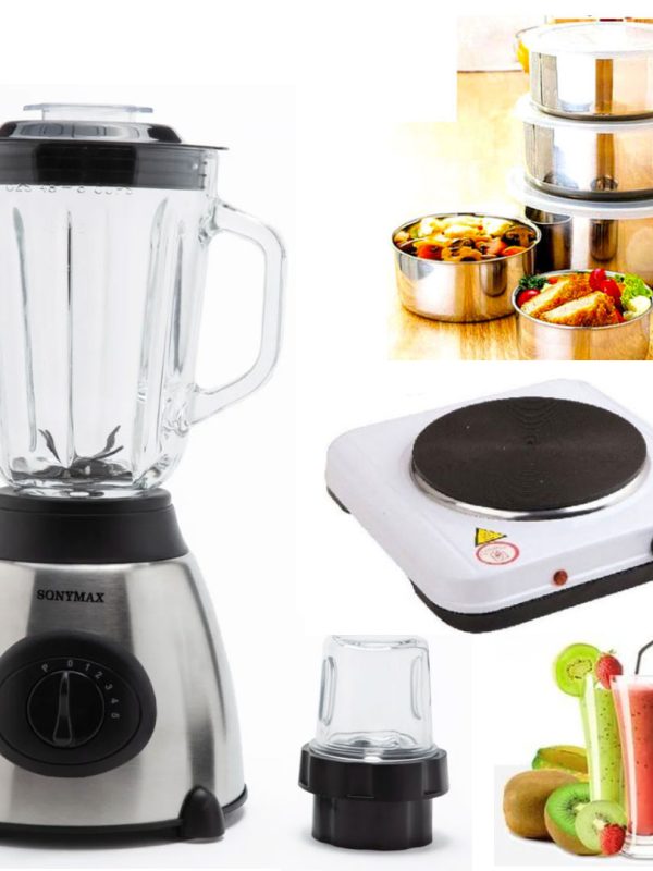 Blender de masa Heinner HBL-500R, 500W, 2 viteze+Pulse, Bol 1.5 L, Rasnita, Negru + Aragaz electric cu un ochi + Set 10 piese vase inox cu capace