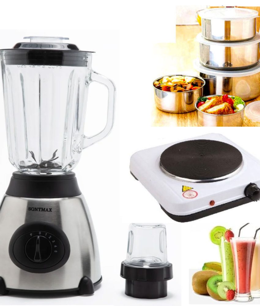 Blender de masa Heinner HBL-500R, 500W, 2 viteze+Pulse, Bol 1.5 L, Rasnita, Negru + Aragaz electric cu un ochi + Set 10 piese vase inox cu capace