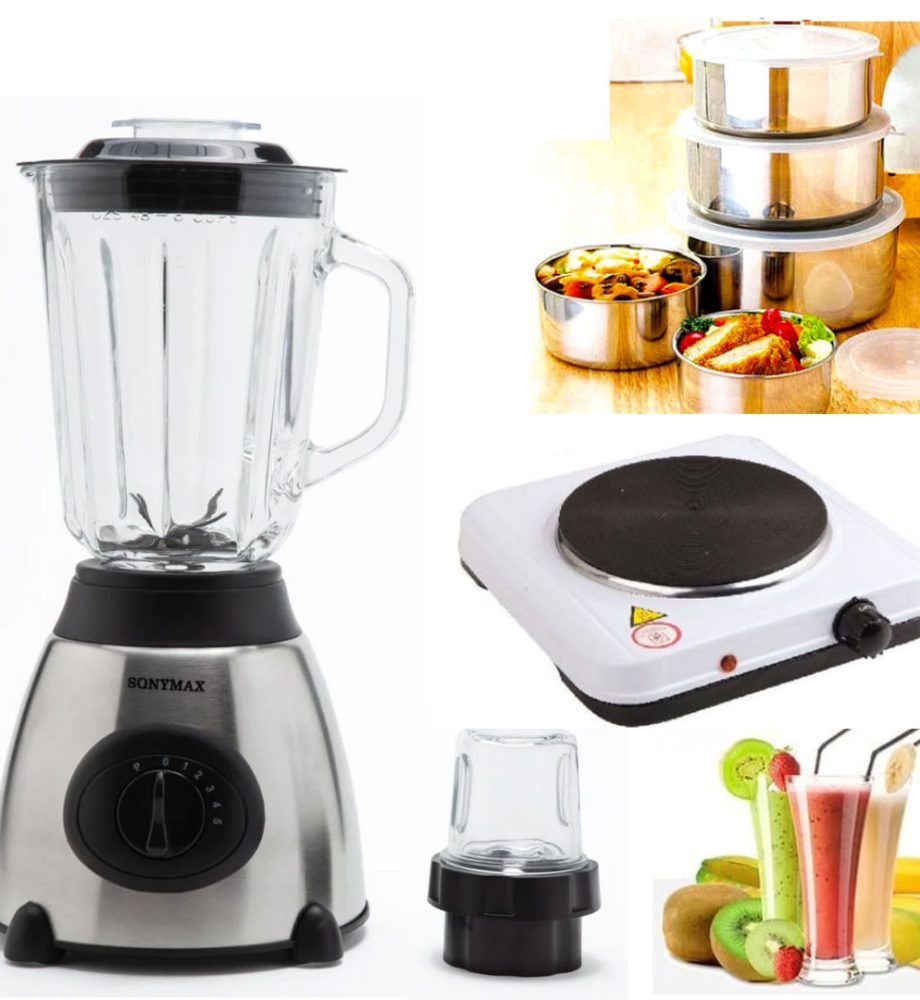 Blender de masa Heinner HBL-500R, 500W, 2 viteze+Pulse, Bol 1.5 L, Rasnita, Negru + Aragaz electric cu un ochi + Set 10 piese vase inox cu capace