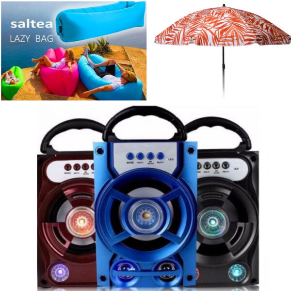 Boxa portabila cu Bluetooth, Radio, Leduri, Usb, Card, Stick + Saltea Lazy Bag, pentru uscat sau apa, interior sau exterior + Cadou 1 Umbrela de plaja Hawaii, tot Pachetul doar 99 Lei!