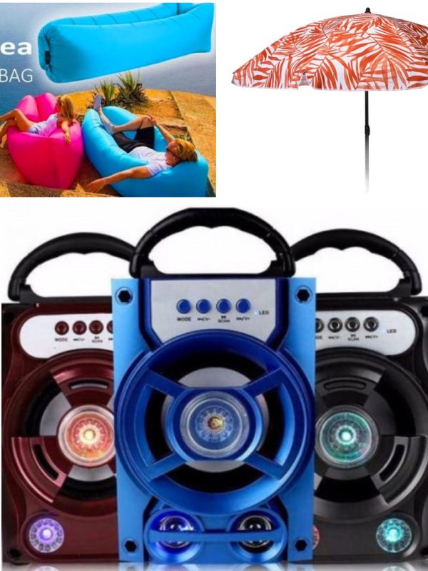 Boxa portabila cu Bluetooth, Radio, Leduri, Usb, Card, Stick + Saltea Lazy Bag, pentru uscat sau apa, interior sau exterior + Cadou 1 Umbrela de plaja Hawaii, tot Pachetul doar 99 Lei!