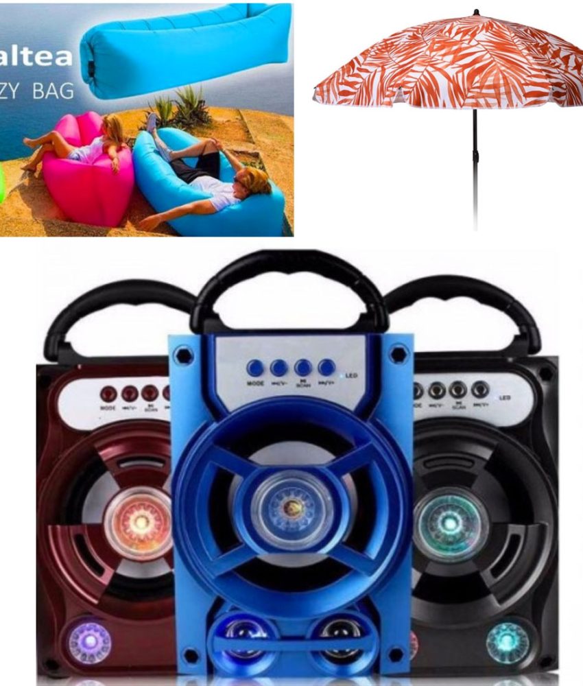 Boxa portabila cu Bluetooth, Radio, Leduri, Usb, Card, Stick + Saltea Lazy Bag, pentru uscat sau apa, interior sau exterior + Cadou 1 Umbrela de plaja Hawaii, tot Pachetul doar 99 Lei!
