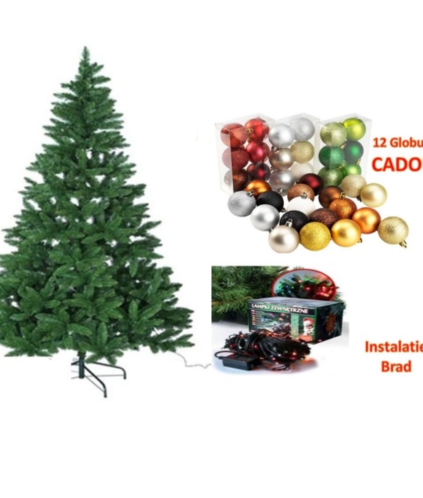 Brad artificial de Craciun 1,50 m + Suport plastic + CADOU Instalatie luminoasa si 12 Globuri