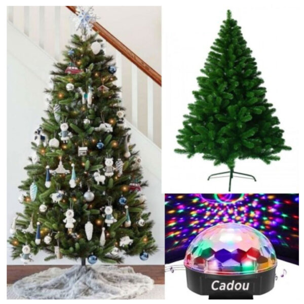 Brad artificial complet impodobit cu globuri, beteala, instalatie luminoasa + CADOU Glob disco cu led RGB si lumini rotative!