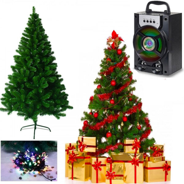 Brad artificial de Craciun, 1.8m complet impodobit + Suport + Instalatie leduri + Super Boxa CADOU, cu Joc de lumini, Bluetooth, Card, USB, Radio FM!