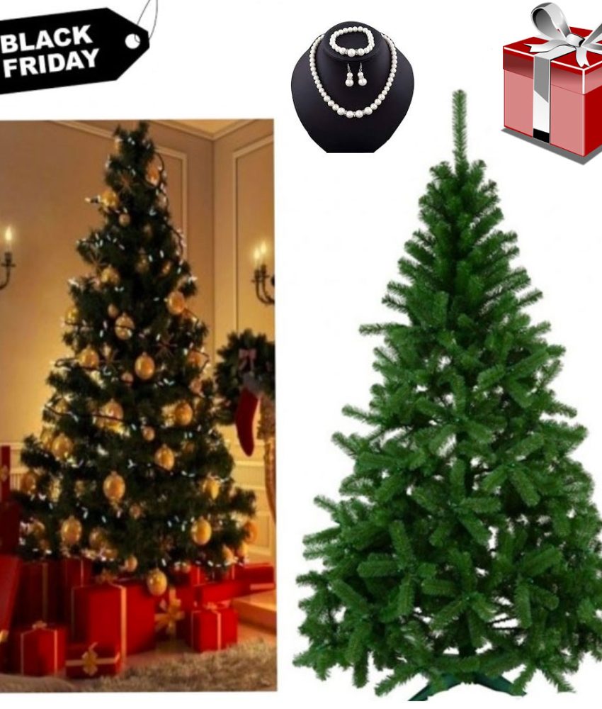 Brad artificial stufos COMPLET IMPODOBIT, calitate Premium, 1,80m + Suport de brad + SUPER CADOU Set Perle Colier, bratara si cercei