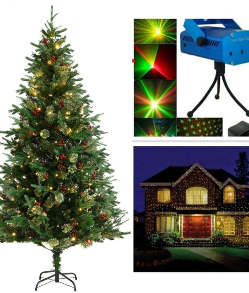 Brad artificial 1,80 m complet impodobit + instalatie luminoasa + Proiector laser cu lumini verzi si rosii