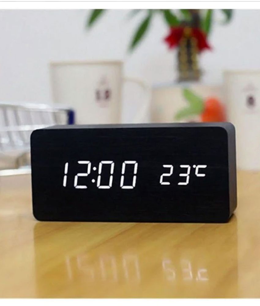 Ceas de birou cu afisaj digital, led, termometru, alarma, aspect de lemn