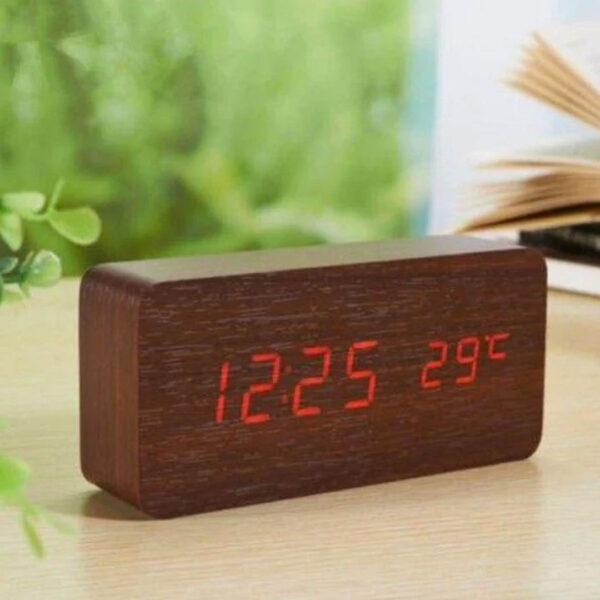 Ceas de birou cu afisaj digital, led, termometru, alarma, aspect de lemn