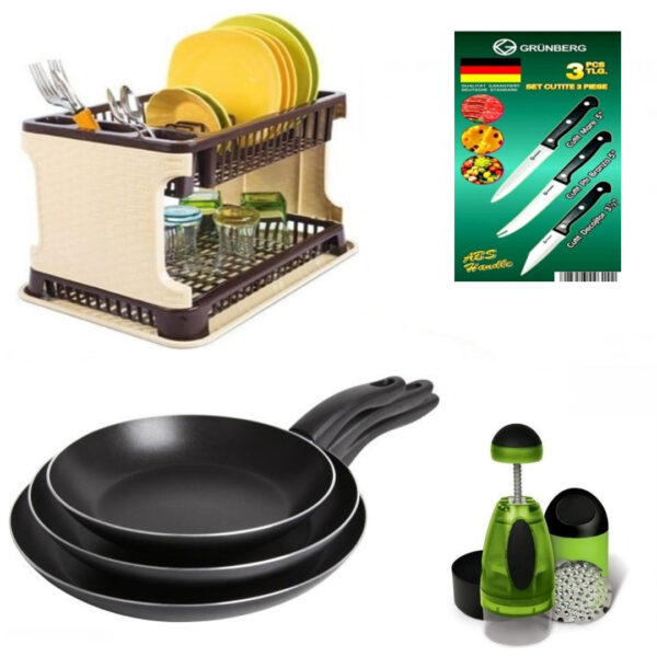 Tigai Teflon set 3 bucati + Suport vase tip ratan + Set 3 cutite inox + CADOU Chopper legume/fructe!