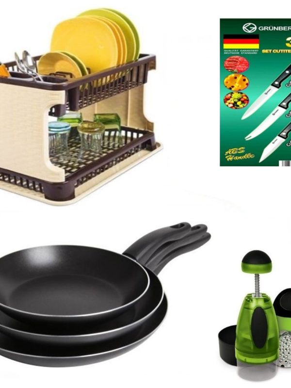 Tigai Teflon set 3 bucati + Suport vase tip ratan + Set 3 cutite inox + CADOU Chopper legume/fructe!