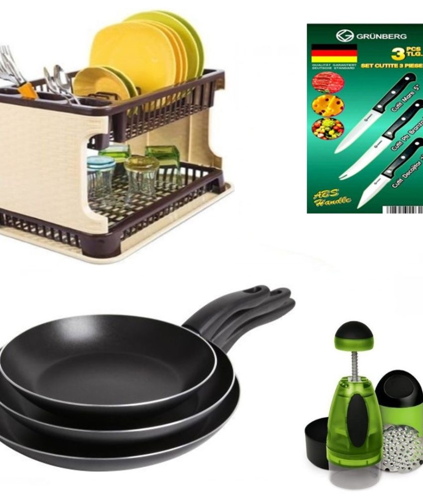 Tigai Teflon set 3 bucati + Suport vase tip ratan + Set 3 cutite inox + CADOU Chopper legume/fructe!