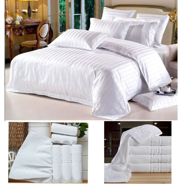 Lenjerie pat dublu, Damasc Policoton, 4 piese + CADOU Prosop de baie, gama hoteliera, 90x50cm, 500g, model grecesc, Bumbac 100%