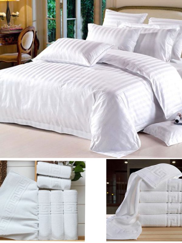 Lenjerie pat dublu, Damasc Policoton, 4 piese + CADOU Prosop de baie, gama hoteliera, 90x50cm, 500g, model grecesc, Bumbac 100%