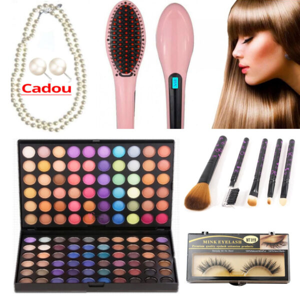 Perie electrica profesionala de indreptat parul Straight Brush + Trusa Profesionala Farduri,120 culori + Set 5 pensule make-up + Set gene false! Cadou Set Colier perle, bratara si cercei!