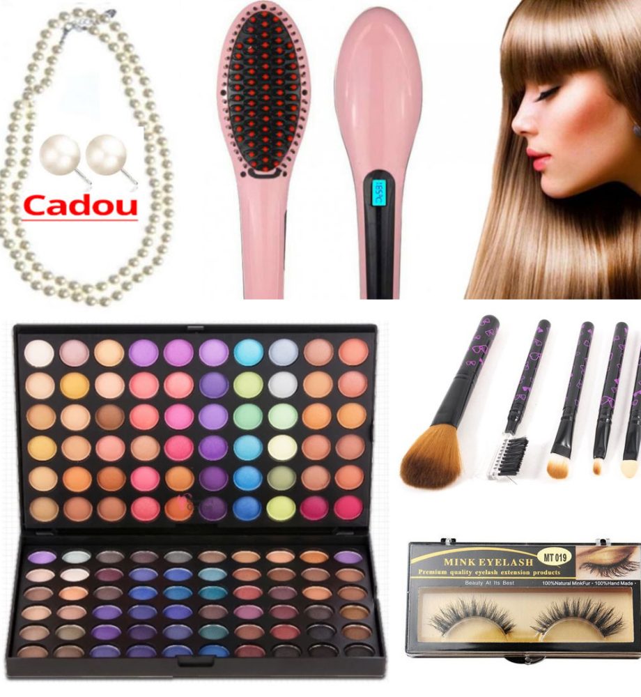 Perie electrica profesionala de indreptat parul Straight Brush + Trusa Profesionala Farduri,120 culori + Set 5 pensule make-up + Set gene false! Cadou Set Colier perle, bratara si cercei!