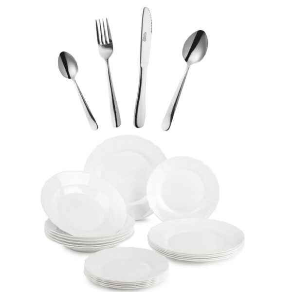 Farfurii Luxury, Set 12 piese, sticla securizata, alb + Set 24 tacamuri inox