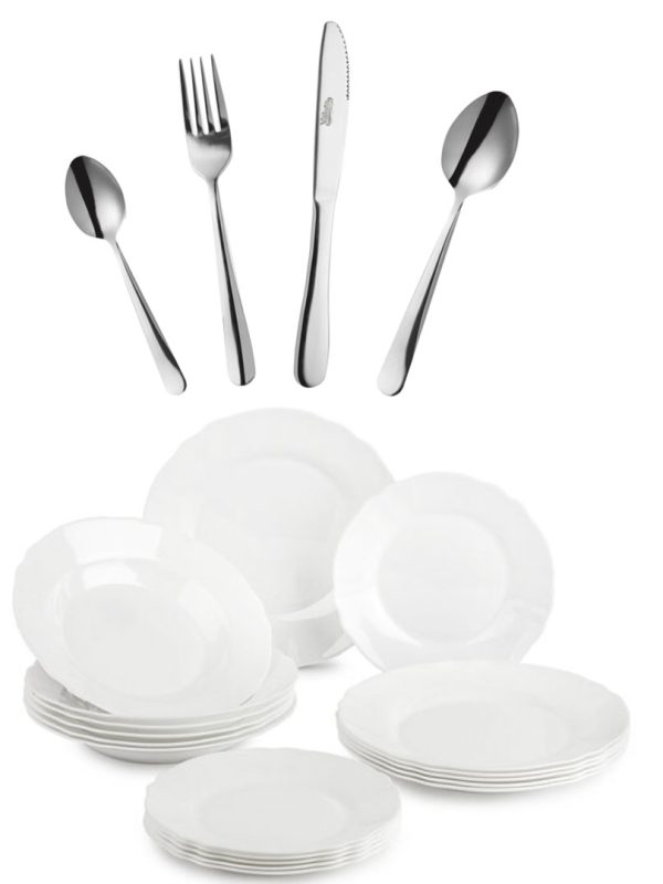 Farfurii Luxury, Set 12 piese, sticla securizata, alb + Set 24 tacamuri inox