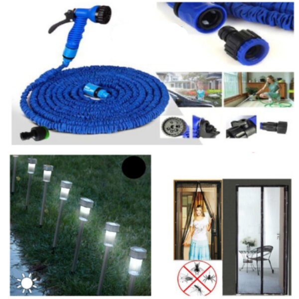 Furtun extensibil Magic Hose 45 m + Pistol de stropit + Perdea magnetica Magic Mesh Anti Insecte + Set 6 Lampi solare, ecologice, stick