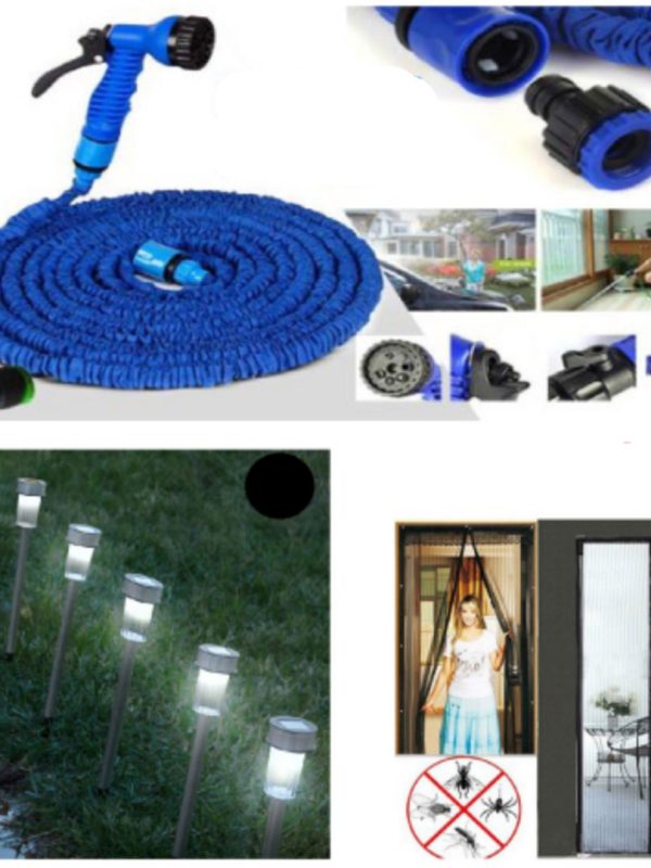 Furtun extensibil Magic Hose 45 m + Pistol de stropit + Perdea magnetica Magic Mesh Anti Insecte + Set 6 Lampi solare, ecologice, stick