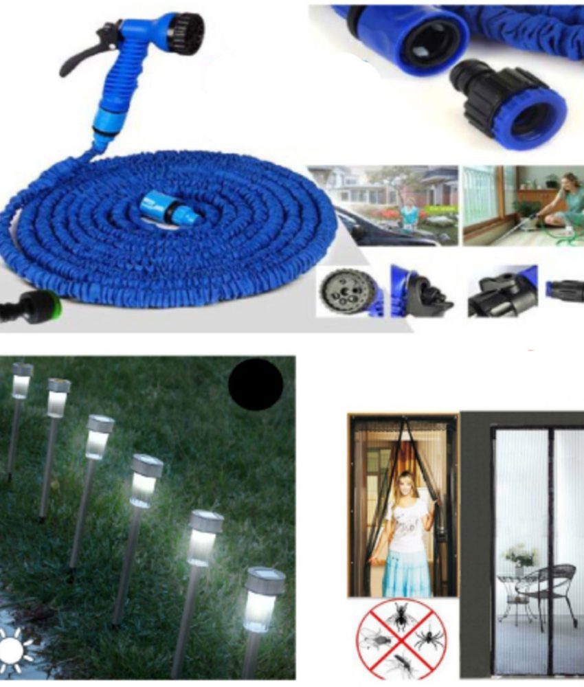 Furtun extensibil Magic Hose 45 m + Pistol de stropit + Perdea magnetica Magic Mesh Anti Insecte + Set 6 Lampi solare, ecologice, stick