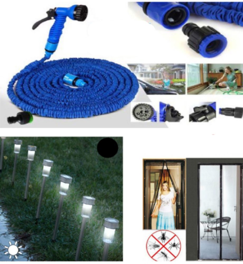 Furtun extensibil Magic Hose 45 m + Pistol de stropit + Perdea magnetica Magic Mesh Anti Insecte + Set 6 Lampi solare, ecologice, stick