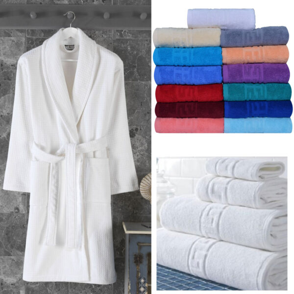 Halat de baie Velour bumbac 100% + Set 3 Prosoape 600g tip hotelier, albe sau colorate!
