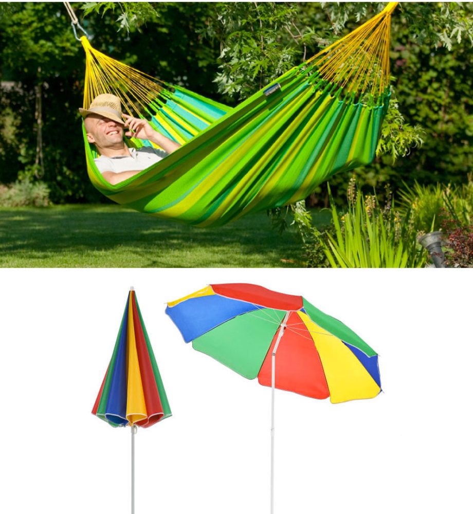 Hamac columbian bumbac, multicolor 80x200 cm + Umbrela de soare cu factor de protectie UV, diferite imprimeuri de vara!