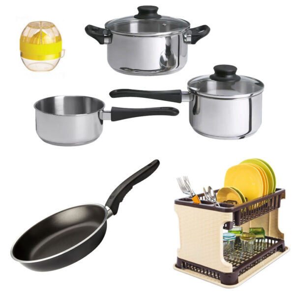 Oale si capace, pentru gatit, 5 piese + 1 Tigaie teflon non-stick + Suport de vase etajat tip ratan + Cadou storcator de citrice