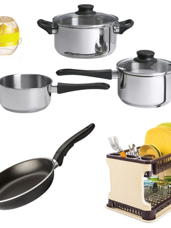 Oale si capace, pentru gatit, 5 piese + 1 Tigaie teflon non-stick + Suport de vase etajat tip ratan + Cadou storcator de citrice
