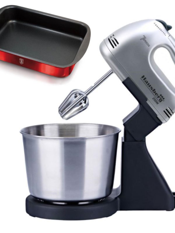 Mixer Cu Bol rotativ HAUSBERG HB-3551NG, 7 viteze, putere 250W, bol din inox de 2 l + Cadou tava cuptor teflonata 38x26x5,5cm