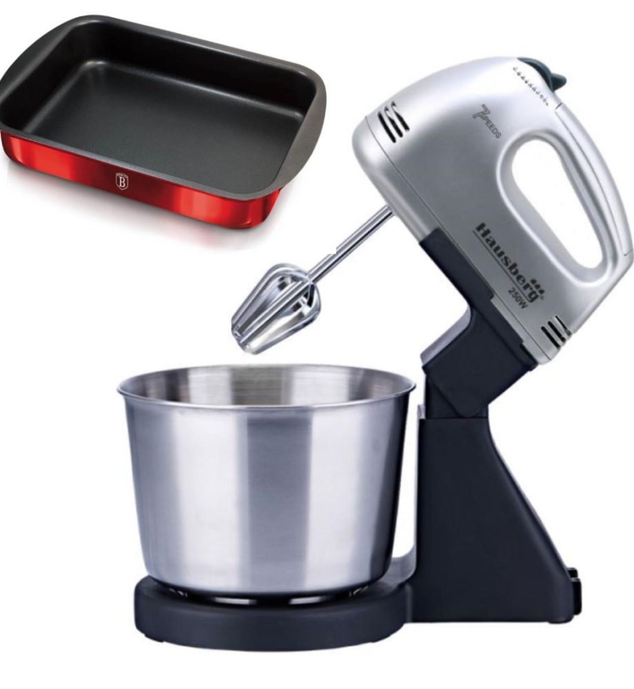 Mixer Cu Bol rotativ HAUSBERG HB-3551NG, 7 viteze, putere 250W, bol din inox de 2 l + Cadou tava cuptor teflonata 38x26x5,5cm
